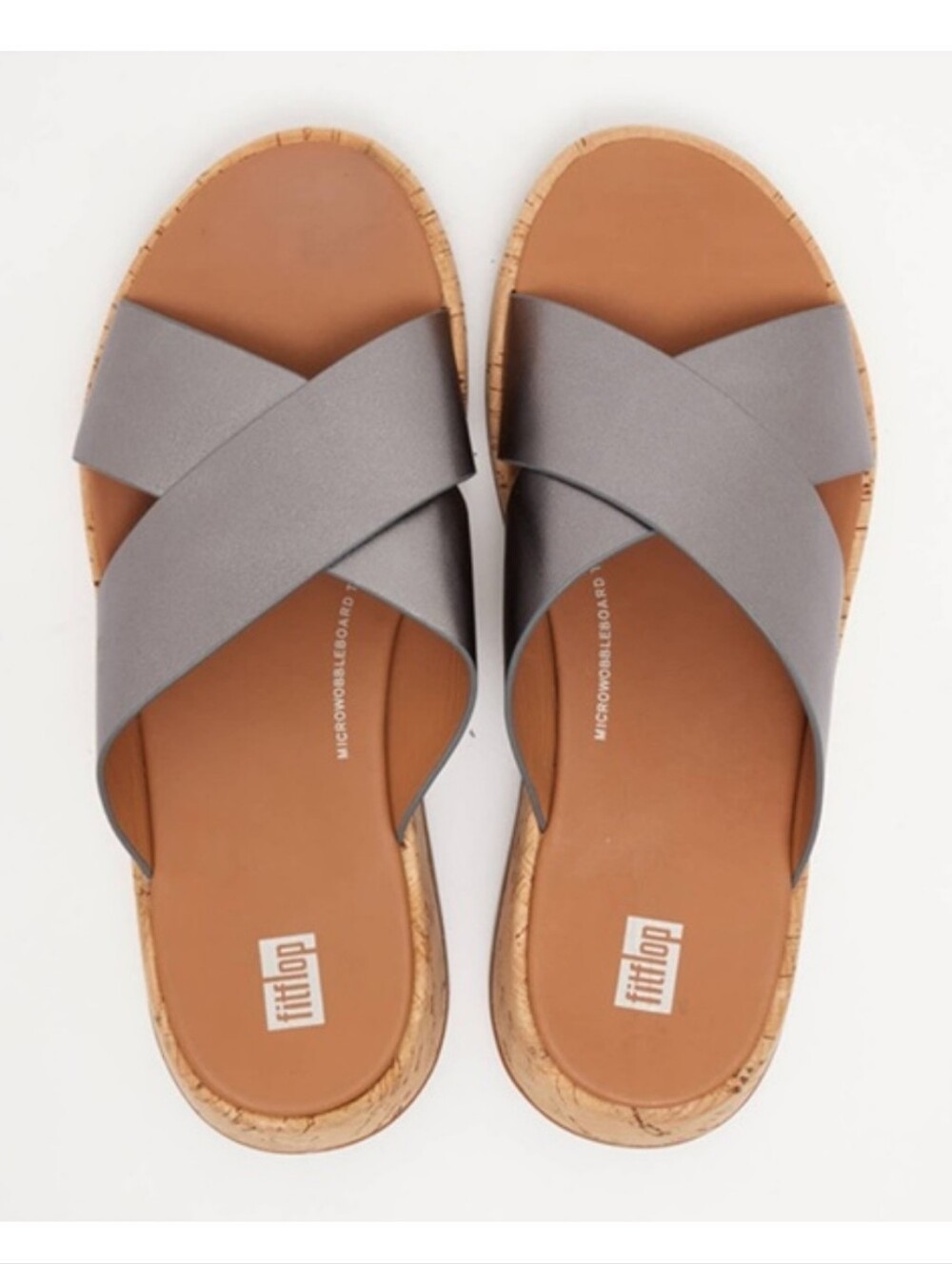 FITFLOP PEWTER GREY METALLIC F-MODE CROSS STRAP LEATHER PLATFORM CORK SANDAL SZ7